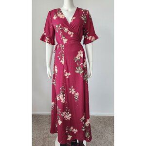 Lulus September Sunsets burgundy floral print maxi wrap dress M